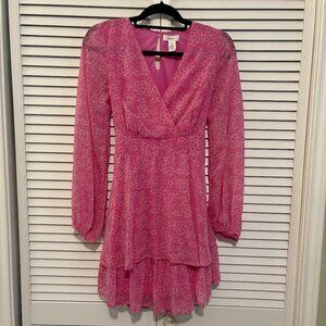 Japna Pink Floral Surplice Bishop Sleeve Ruffle Dress Medium